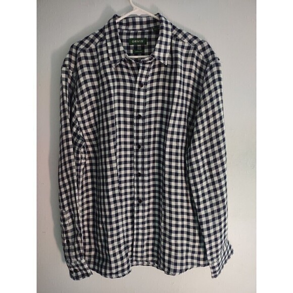 Orvis L Active Fit Shirt Blue Gingham Check Button Down Long Sleeve Linen Tencel - Picture 1 of 5
